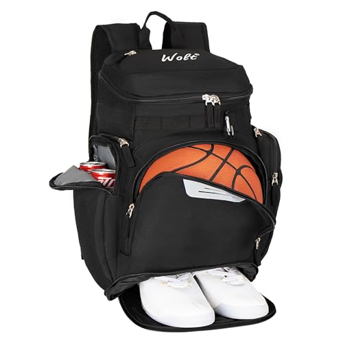 WOLT Basketball Bag Backpack with Separate Ball Compartment and Shoes Pocket, Gym Bags for Men, Large Sports Bag for Basketball, Soccer, Volleyball, Baseball - color: Black