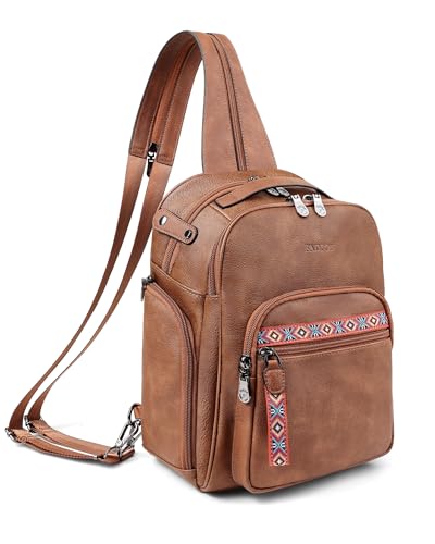 FADEON Large Sling Bag for Women, Designer Leather Crossbody Purse Convertible Sling Backpack, Anti Theft Daypack for Travel - color: 1 Brown Retro Style