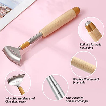 Best Telescoping Back Scratcher, Back-Scratcher for Women Men Kids with Wood Handle, Steel Massage Roller, Wide Claw, Handheld Head Scratcher Back Massager Extend Up to 24Inch - color: Natural Wood, size: 1 Count (S-24")