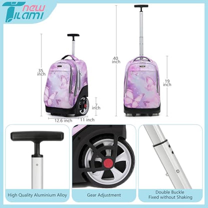 NEW TILAMI 19 inch Rolling Backpack Teens Rolling Backpack Cute Wheeled Laptop Backpack Bookbag Roller Travel Bag College, Evening Butterfly (No USB interface) - color: Purple Butterfly