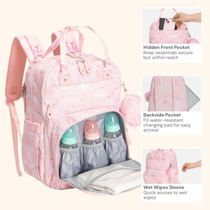 BabbleRoo Diaper Bag Backpack - Baby Essentials Travel Tote - Multi Function Water Resistant Diaper Bag, Travel Essentials Baby Bag with Changing Pad, Stroller Straps & Pacifier Case - Pink Birdy - color: Pink Birdy, size: Large