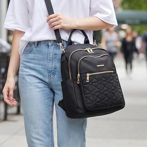 Small Nylon Women Backpack Purse, Lightweight Casual Mini Shoulder Satchel Tote Bag, 13 Inch Stylish Quilted Daypack Crossbody Bag for Daily Travel Commute, Black