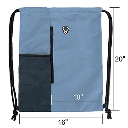BeeGreen Blue Drawstrings Backpack Gym Sack For Men With Water Bottle Pocket &Front Zippered Pocket Large Sting Bags For WomenTraveling Yoga Beach Outdoor Gym - color: Blue Haze, style: Drawstring With Mesh Pocket