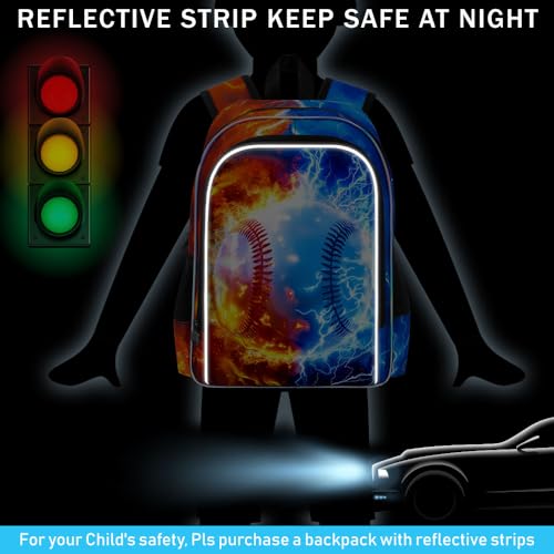 AGSDON 3PCS Baseball Backpack for Boys, 17" Kids Bookbag with Lunch Box for Boy, Flame Thunder Backpacks Water Resistant and Lightweight for Teen - color: Baseball