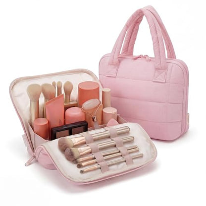 Wandering Nature Standing Makeup Bag for Travel, Portable Fold-down Cosmetic Organizer, Puffer Open Make Up Pouch with Handle & Divider & Brush Holder, Easy Clean Toiletry Bag with EVA Lining - color: A1: Pink