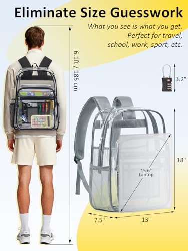Clear Backpack Heavy Duty With A TSA Lock, 18 Inch Large Clear Back pack, Transparent See Through Bookbag for College, Work, Travel, Sport- Light Grey - color: Grey