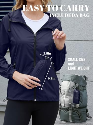 PITINAN Lightweight Rain Jacket Women Packable Wind Breaker Light Rain Jacket Women Waterproof Travel Raincoat S-XXL - color: Navy Blue, size: X-Large