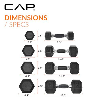 CAP Rubber Coated Hex Dumbbell Set with Storage Rack | 100–210 lb Options, Space-Saving Vertical Compact Storage for Home Gym Strength Training - size: 100 lb - Set, style: Comfort Handle