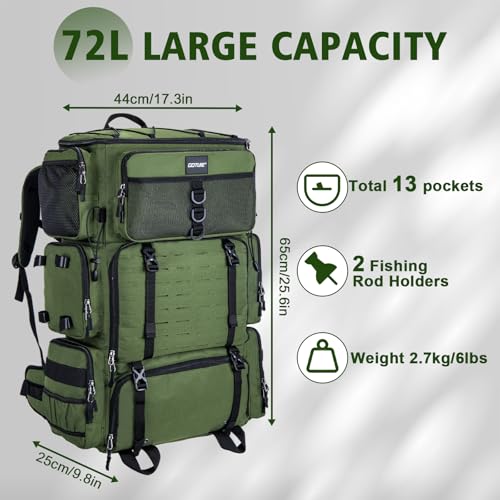 Goture Fishing Backpack with Cooler, 72L 600D Tackle Backpack Included 4 3700 Tackle Boxes, Dry & Wet Split Compartment, Large Fishing Tackle Bag with Rod Holders,Rain Cover for Travel Camping Hiking - color: A2:Green with 4 3700 Tackle Boxes