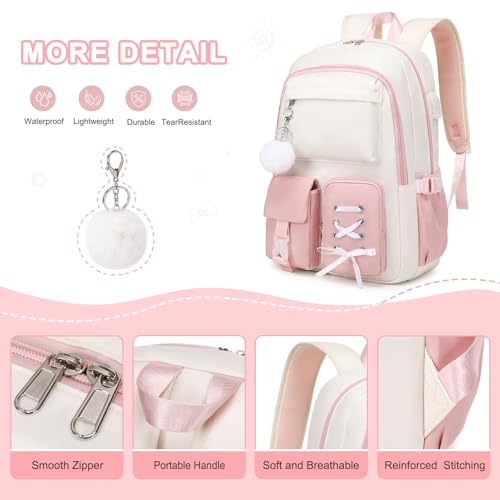 Scothen Backpacks for Girls, Girls Backpack with Lunch Box & Pencil Pouch for Teens Girl Kids Elementary Middle High School College Student Bookbag Daypack Laptop Travel Backpack for Women - color: Beige Pink