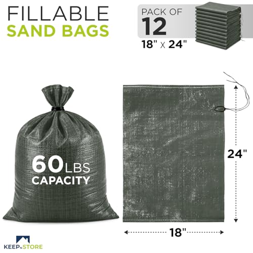 Heavy Duty Sand Bags Pack of 12, Army Green Empty Sandbags with Built-In Ties, Woven Polypropylene UV Protection 1600 Hours, Fillable Bags for Flood Control, Weight, 18x24 inches, 60 Pounds Volume - size: 18"W x 24"L, style: Pack of 12