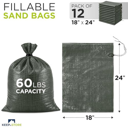 Heavy Duty Sand Bags Pack of 12, Army Green Empty Sandbags with Built-In Ties, Woven Polypropylene UV Protection 1600 Hours, Fillable Bags for Flood Control, Weight, 18x24 inches, 60 Pounds Volume - size: 18"W x 24"L, style: Pack of 12