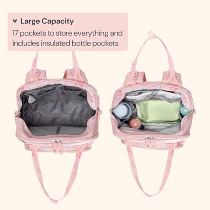 BabbleRoo Diaper Bag Backpack - Baby Essentials Travel Tote - Multi Function Water Resistant Diaper Bag, Travel Essentials Baby Bag with Changing Pad, Stroller Straps & Pacifier Case - Pink Birdy - color: Pink Birdy, size: Large