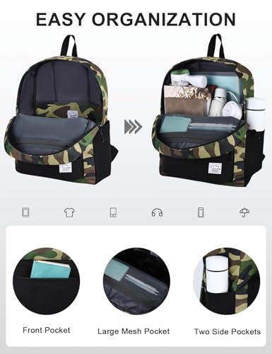 VASCHY Lightweight Backpack for Men, Water Resistant Classic Daypack for Travel, Work, College with Side Bottle Pockets Camo Black - color: Camo Black Fusion