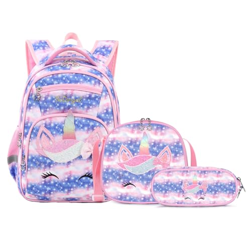Cusangel Girls Backpack with Lunch Box Pencil Case,Cute Multi Compartment Preschool Elementary Primary Backpack for Girls Sky Unicorn 3pcs Backpack for Girls - color: Sky Unicorn 3pcs
