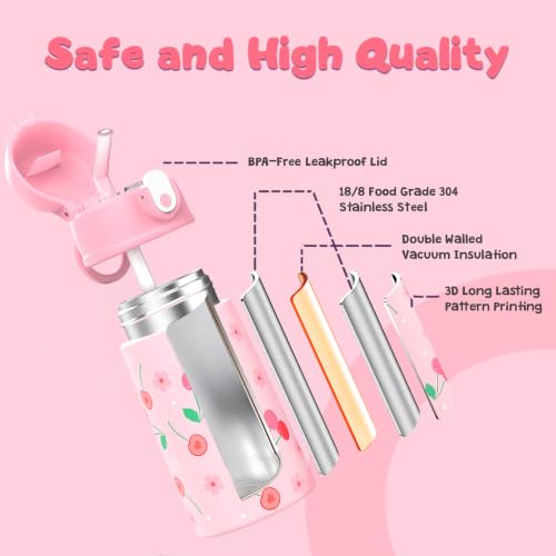 Kids Backpack for Girls 5-8, 4PCS Toddler Backpack with 13oz Kids Insulated Water Bottle, Lunch Box and Pencil Case, Girls Bookbag Schoolbag for Primary Kindergarten Elementary School - color: Pink Red Cherry