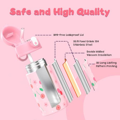 Kids Backpack for Girls 5-8, 4PCS Toddler Backpack with 13oz Kids Insulated Water Bottle, Lunch Box and Pencil Case, Girls Bookbag Schoolbag for Primary Kindergarten Elementary School - color: Pink Red Cherry