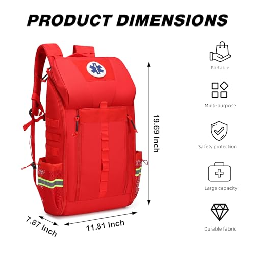First Aid Backpack Empty Medical Bag,Emergency Bag,Medical Supplies Backpack for Nursing Student,Therapist,Doctors - color: Red