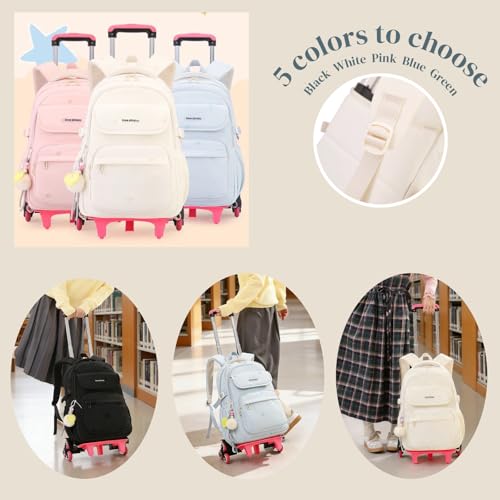 EKUIZAI Solid Girls Rolling Backpack for Kids Roller Bookbag with Wheels for Middle School Students Girls Trolley Backpack, Pink - color: A-6-wheel Pink, style: 6 Wheels