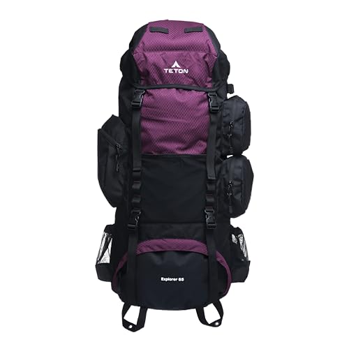 Teton 65L Explorer Internal Frame Backpack for Hiking, Camping, Backpacking, Rain Cover Included, Huckleberry - color: Huckleberry, size: 65L