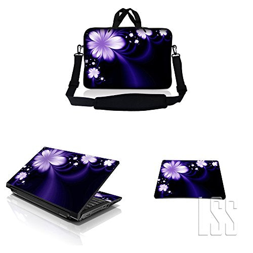 LSS 15 15.6 inches Laptop Messenger Crossbody Bag with Matching Laptop Skin Sticker & Mouse Pad Combo | Carrying Case for 14" 15" 15.6" or Smaller Size Notebook - Purple Flower Floral - color: Purple Flower Floral, size: 15 inch