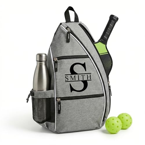 Personalized Pickleball Bag - Custom Paddle Backpack with Name or Logo, Crossbody Reversible Sling for Men & Women with Fence Hook and Water Bottle Holder - color: Gray