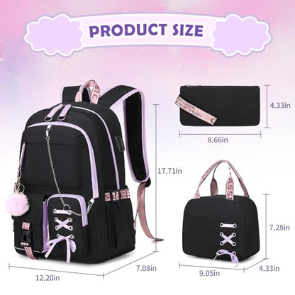 ACESAK Backpacks for Girls, Girls Backpack with Lunch Box and Pencil Case for Teen Kids Elementary Middle High School College Student, Children Backpack Bookbag with USB Charging Port (Black Purple) - color: Black With Purple Zipper