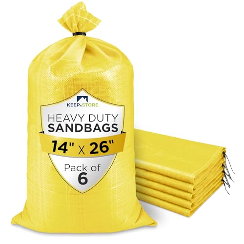 Heavy Duty Sand Bags Pack of 6, Bright Yellow Empty Sandbags with Built-In Ties, Woven Polypropylene UV Protection 1600 Hours, Fillable Bags for Flood Control, Weight, 14x26 inches, 50 Pounds Volume - size: 14"W x 26"L, style: Pack of 6