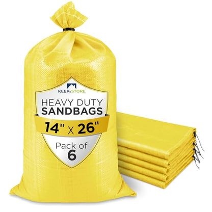 Heavy Duty Sand Bags Pack of 6, Bright Yellow Empty Sandbags with Built-In Ties, Woven Polypropylene UV Protection 1600 Hours, Fillable Bags for Flood Control, Weight, 14x26 inches, 50 Pounds Volume - size: 14"W x 26"L, style: Pack of 6