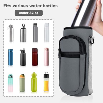 Water Bottle Holder with Strap, Water Bottle Carrier Bag with Phone Pocket, Shoulder Hand Strap Insulated Neoprene 32/40 oz Water Bottle Sleeve for Walking Hiking Camping Gym - color: 6 GRAY, size: under 32oz