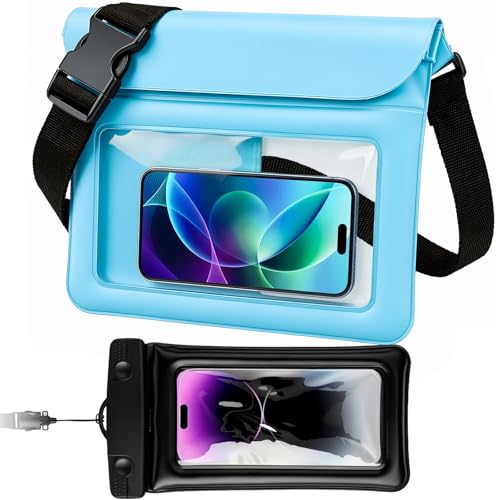 Waterproof Pouch Bag Set IPX8 2 Pcs: Blue Water Proof Fanny Pack 9.8" with Clear Window & Black Waterproof Phone Case 7" Phone Pouch, Floating Belt Bag with Crossbody Waist Strap, Cruise Essentials - color: Blue fanny pack + Phone pouch 7"