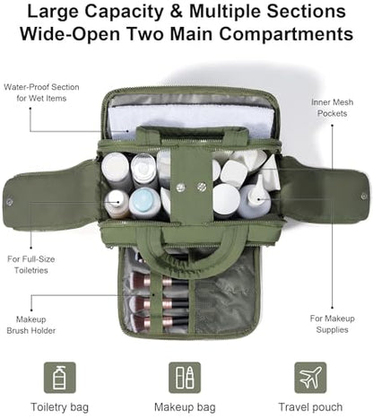 Travel Toiletry Bag, Large Wide-open Puffy Makeup Bag for Women Army Green - color: Army Green