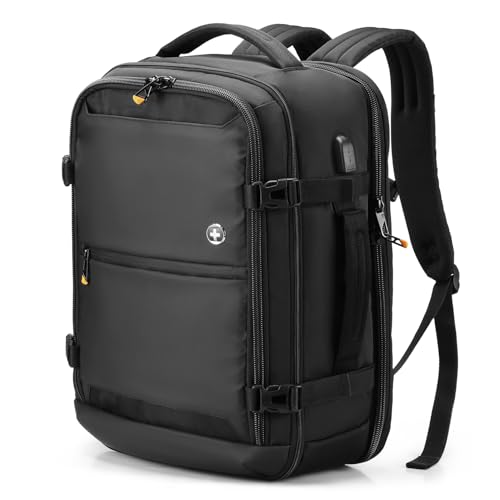 Swissdigital Design Travel Laptop Backpack 43L with USB Charging Port,TSA Friendly Flight Approved Carry-on Luggage Hand,Business Rucksack,Large Weekender Bag Fits 17 Inch Laptop Black | SD1748-01 - color: Black
