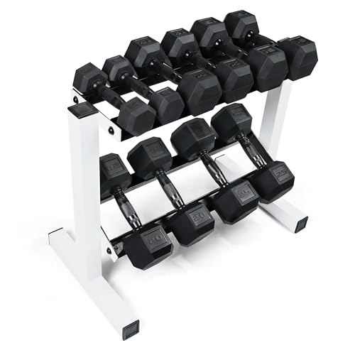 CAP 150 LB Dumbbell Set with 2-Tier Rack, Rubber Hex Free Weights Set, Home Gym Weight Set with Horizontal Storage Rack for Strength Training - color: White, style: 150bs Set - Black Handles