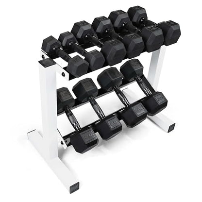 CAP 150 LB Dumbbell Set with 2-Tier Rack, Rubber Hex Free Weights Set, Home Gym Weight Set with Horizontal Storage Rack for Strength Training - color: White, style: 150bs Set - Black Handles