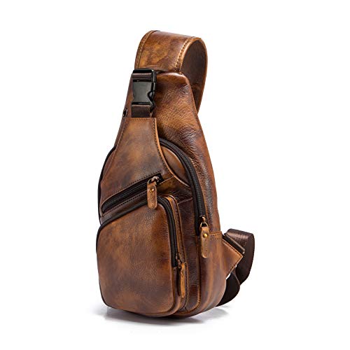 Le'aokuu Men Fashion Casual Tea Designer Travel Hiking Crossbody Chest Sling Bag Rig One Shoulder Strap Bag Men Leather 8015 | Fashion - color: Gold