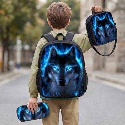 3-Pieces Backpack Set, Themed Backpack for Wolf – Multifunctional Large Capacity Daypack with Lunch Bag & Case for Daily Life - style: Wolf