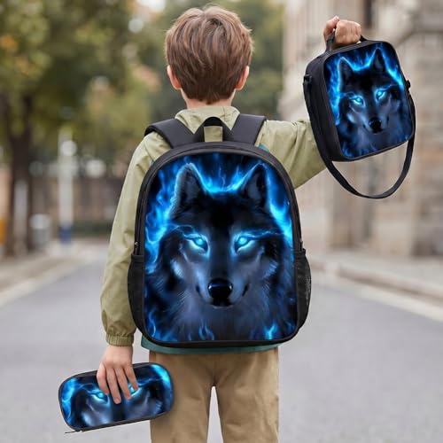 3-Pieces Backpack Set, Themed Backpack for Wolf – Multifunctional Large Capacity Daypack with Lunch Bag & Case for Daily Life - style: Wolf