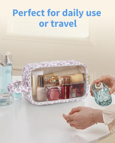 Narwey Clear Toiletry Bags for Traveling Women Men, Clear Travel Bags for Toiletries Makeup Bag Cosmetic Bag with Zipper, Make Up Organizer, Skincare Bag (Dusty Pink Flower) - color: X-Dusty Pink Flower