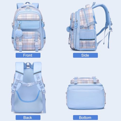 KEBEIXUAN Kids Backpack for Girls - Cute Plaid Bookbag for Elementary Student, Lightweight and Spacious School Bag (Blue) - color: Plaid Blue