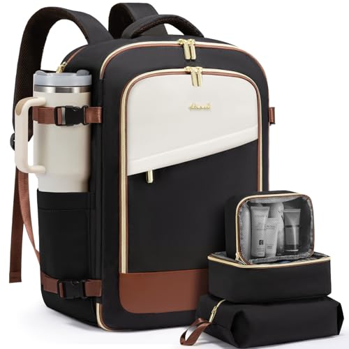 LOVEVOOK Travel Backpack for Women, 40L Carry On Backpack Flight Approved, Large Personal Item Bag Fits 17 inch Laptop, TSA Approved Luggage with 3 Packing Cubes,Waterproof Weekender Gym Daypack - color: Black-white-brown, size: 40L