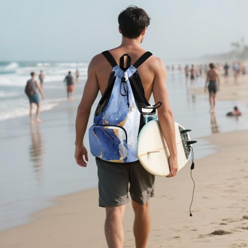 Drawstring Bags For Men Women Pool Bag With Inside Pockets String Bag Wet and Dry Separation Blue White Marble - color: Color 13