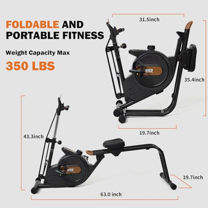Rowing Machine for Home, 3 in 1 Magnetic Rower with 6-Level Height Adjustable, LCD Monitor & Phone Holder, APP Compatible, Folding Design, 350LBS Weight Capacity for Full-Body Workout
