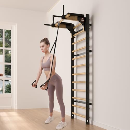Swedish Ladder Pro, Wood Stall Bar with Push-Through Bar, Adjustable Pull-Up Dip Bar for Adults and Kids, Accessories Bundle, Spring, for Home, School, Physical Therapy and Gymnastics - size: 40"x90“x3"