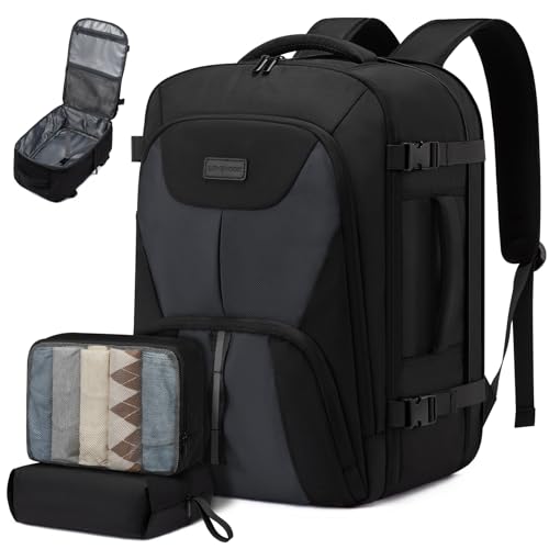 LOVEVOOK Travel Backpack,Expandable 50L Extra Large Travel Backpack for Men & Women,Carry on Backpack for Airplanes with 2 Packing Cubes, TSA Personal Item Travel Bag fits 18 inch Laptop - color: Black-grey, size: 50L-3Pcs