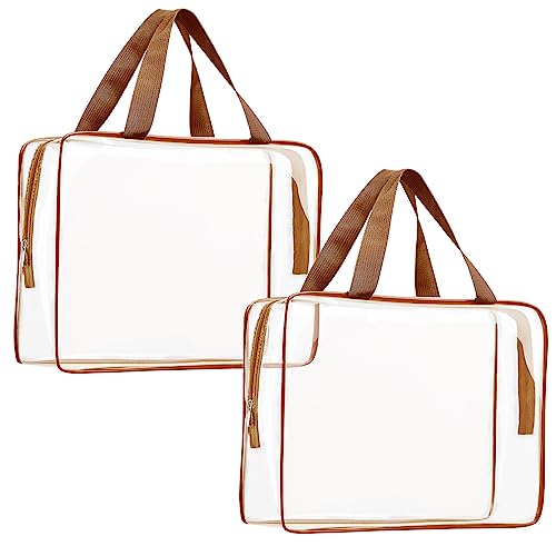 2Pcs Crystal Clear PVC Travel Toiletry Bag Kit for Women Men, Waterproof Vinyl Packing Organizer Storage Bags with Zipper Handle Straps, Cosmetic Pouch Carry on Airport Airline Compliant Bag Handbag - color: 2pcs Brown-Large, size: 2pcs Large