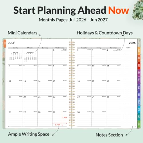 SUNEE Academic Planner 2026-2027 – Weekly & Monthly Planner, July 2026 to June 2027, 8.5"x11", Thick Paper, Tabs, Pockets, Bookmark, Spiral-Bound, Student Teacher Organizer, Green Wildflowers - color: Flowers