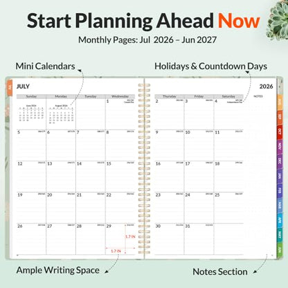 SUNEE Academic Planner 2026-2027 – Weekly & Monthly Planner, July 2026 to June 2027, 8.5"x11", Thick Paper, Tabs, Pockets, Bookmark, Spiral-Bound, Student Teacher Organizer, Green Wildflowers - color: Flowers