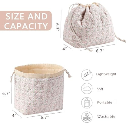 Cotton Quilted Drawstring Makeup Bag with Canvas Lining,Coquette Aesthetic Cute Travel Toiletry Bag,Drawstring Gift Bag for Women and Girls（17Small Pink） - color: 17Small Pink