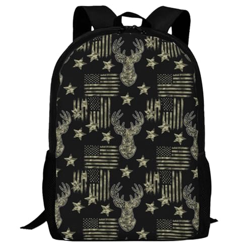 Ergonomic Padded Backpack Camouflage Hunting Deer Camo American Flag, Anti Theft Spacious Travel Daypack Sturdy Polyester Bag for Commute Gym Outdoor Leisure Use - color: Design (215)